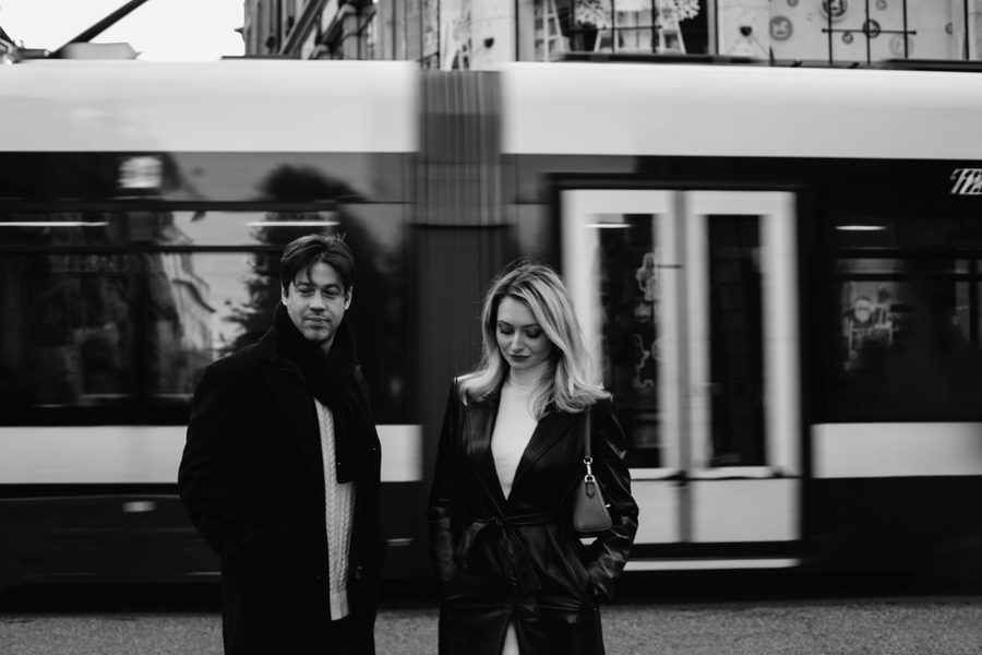 Stylish couple portrait with cinematic composition, Swiss Riviera